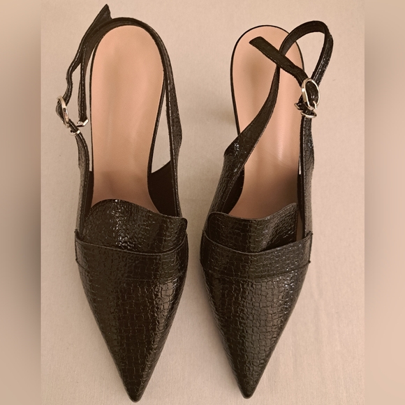 NEW Black Faux Patent Leather Embossed W/Gold & Acrylic Heels, Sz 41 (US 10) - Picture 6 of 16